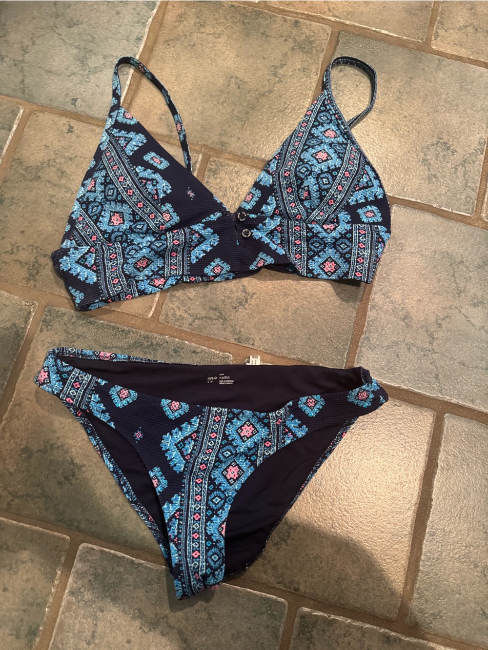 aerie Navy Printed Bikini Top with Teal and Pink Accents